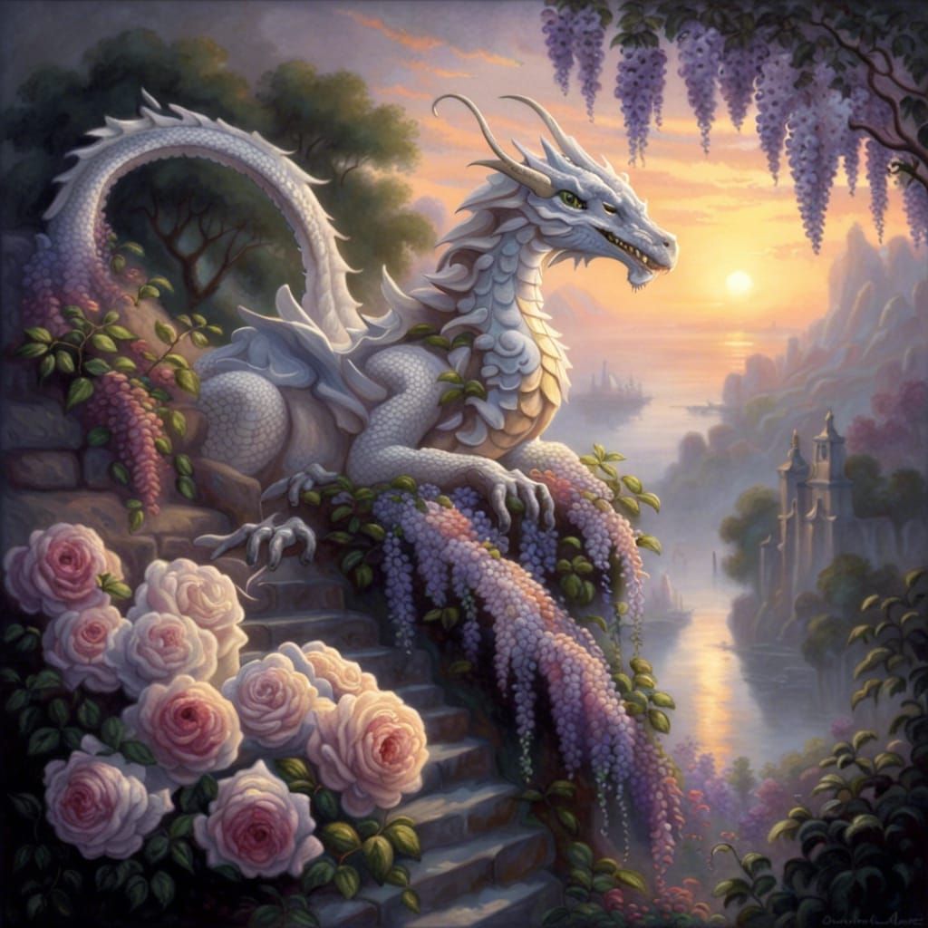 Romantic withe dragon gardian protecting farytale landscape roses sunseting wisteria