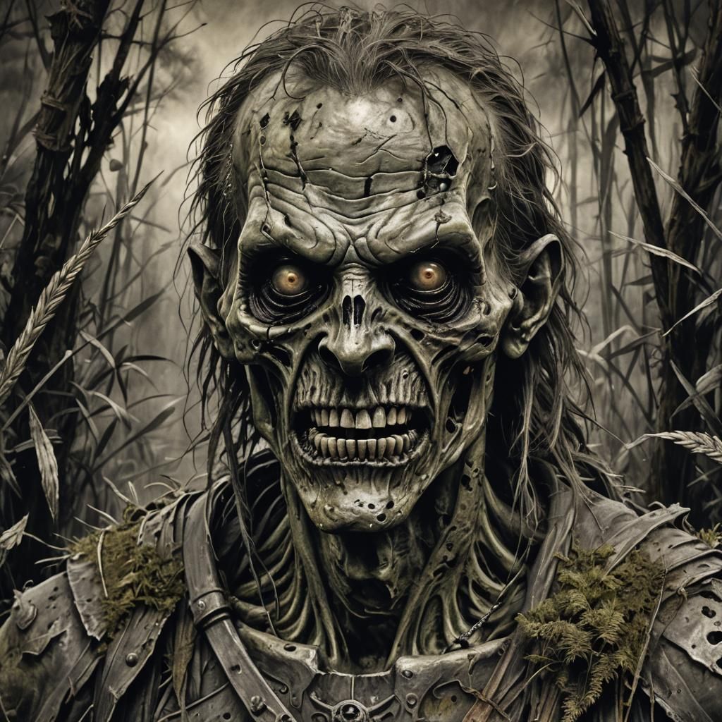 a black and white, greyscale-only, drawing of a battered undead zombie warrior with missing teeth and skin falling off, overgrown with swamp...