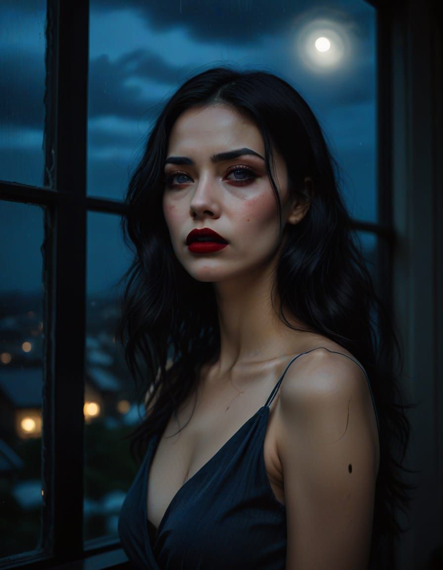 Seductive Woman Looks to the Moonlit Night with Tears in Her...