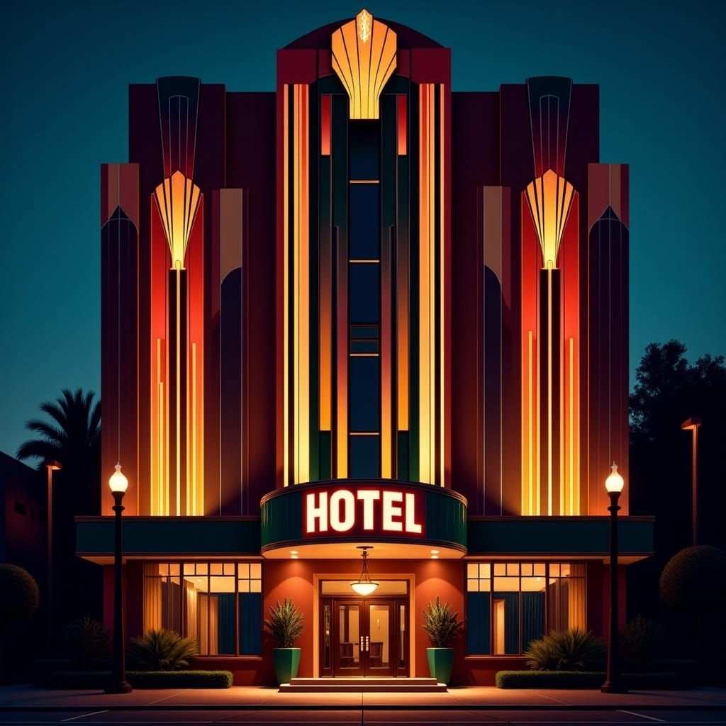  <lora:Art Deco Flux:1.0> art deco hotel exterior, dynamic lighting 