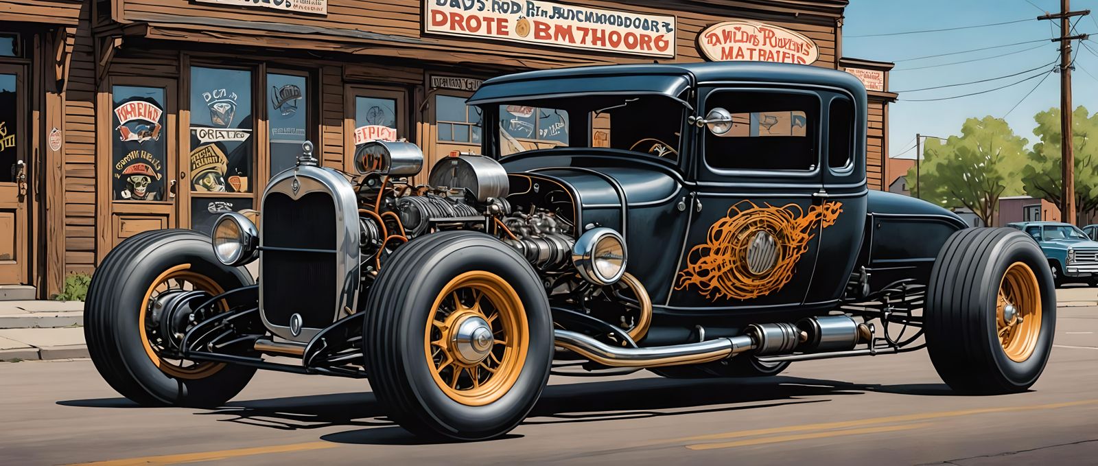 A 1924 Dodge Brothers Sedan with fat tires Ratrod drawn in the style of classic Ed Roth