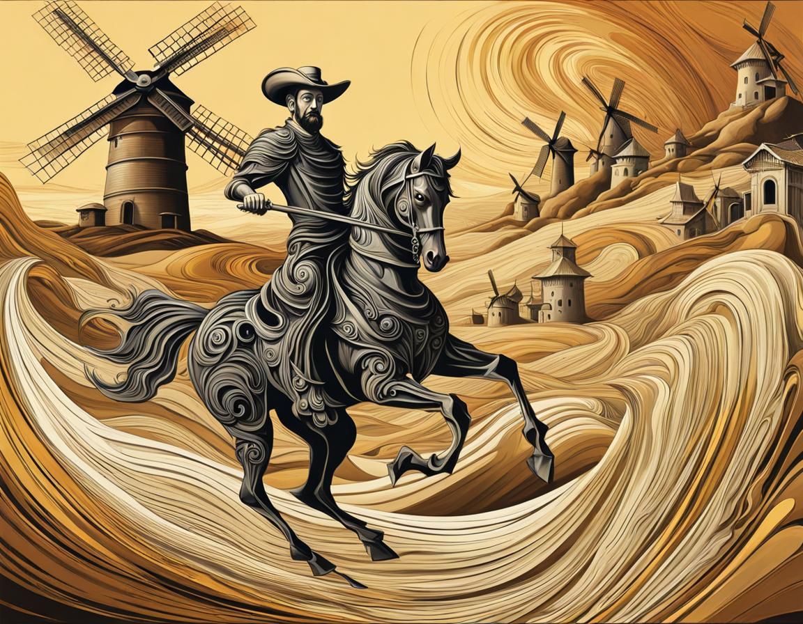 Don Quixote riding derelict horse galloping to attack windmi...