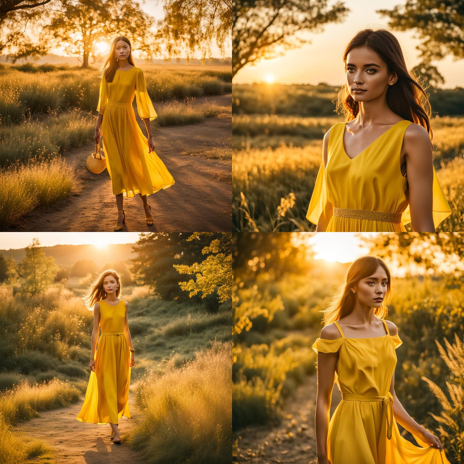 A woman in a yellow dress in the golden hour