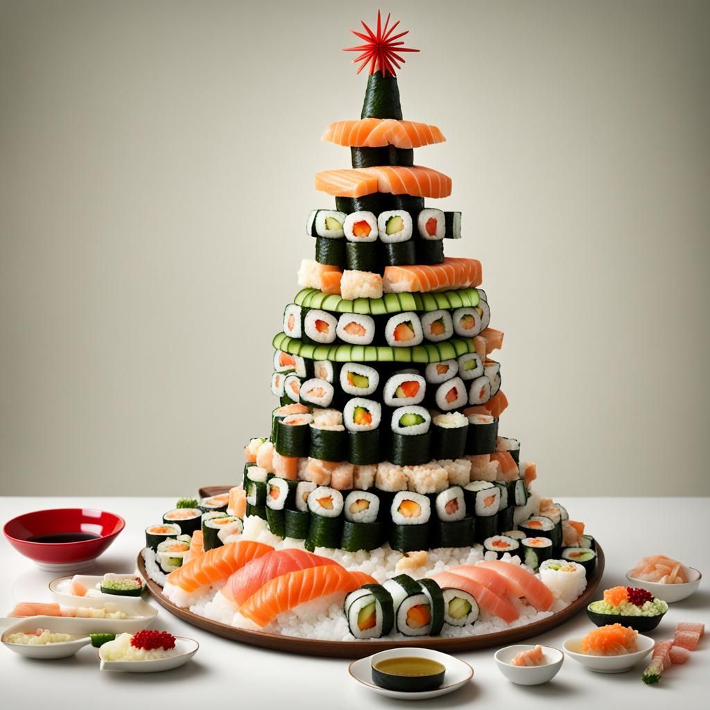 christmas tree made out of various sushi, very detailed  by @undefined