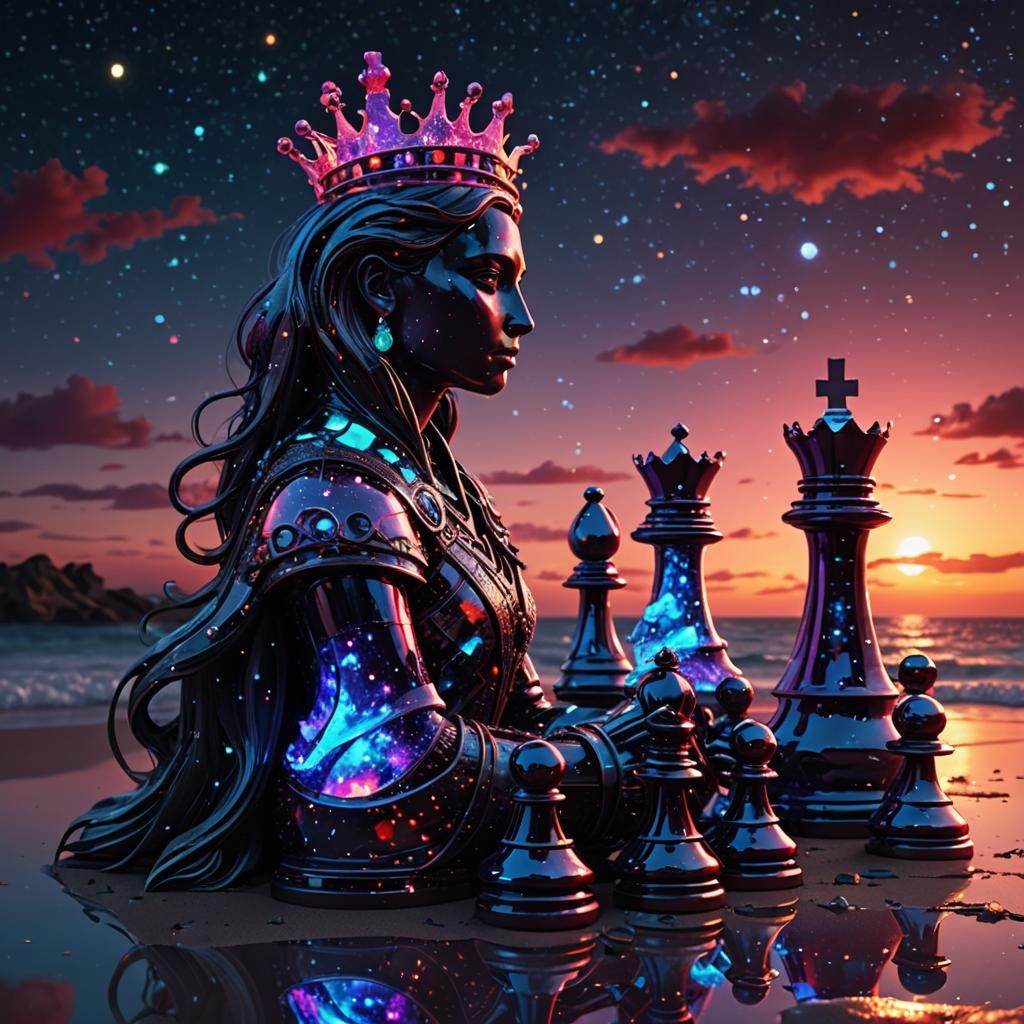 Dichroic Glass Chess Figure Inspired Ship on Epic hyperdetailed Glowing bioluminescent magical dark crimson ...  by @Forward