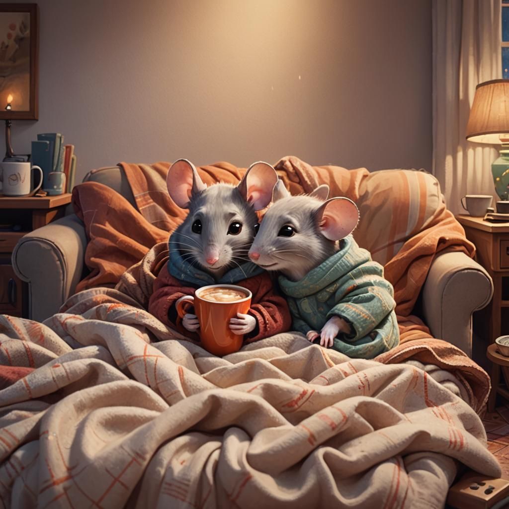 A mouse coupled curled up on couch under blankets drinking hot chocolate and watching TV.  by @Shirokuma98