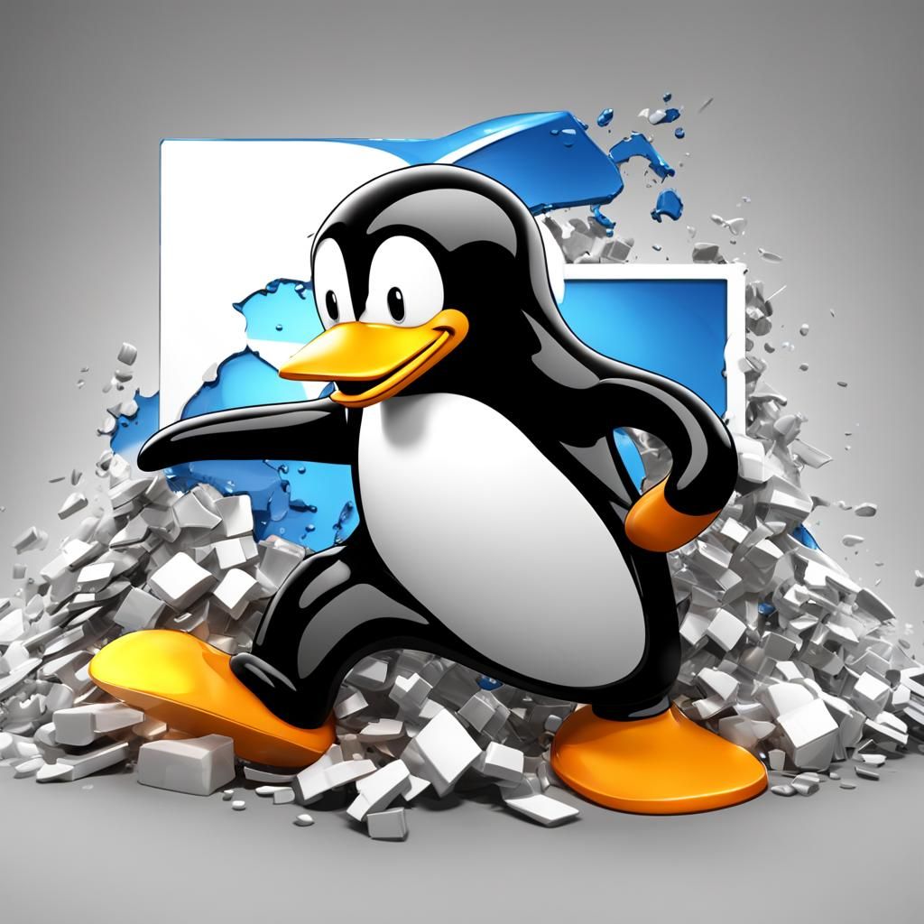 Linux Tux destroying Windows - AI Generated Artwork - NightCafe Creator