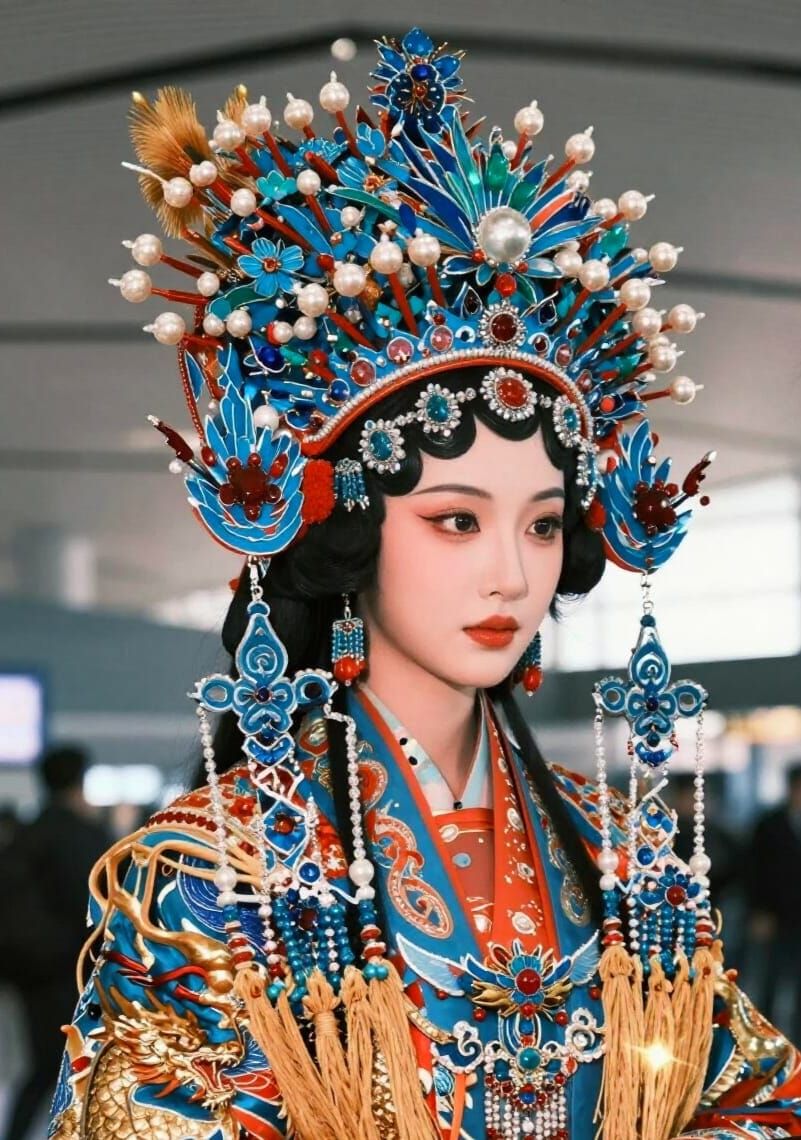 Night lantern light Portrait of Chinese goddess with big hair wearing elaborate imperial dragon robe 
shimmering metallic thread motifs, and...