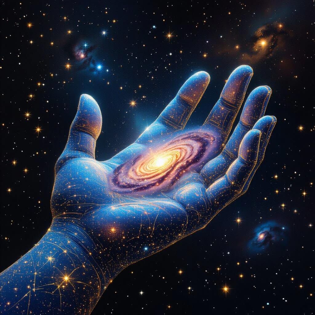 Colossal Hand Cradling Galaxy in Cosmic Surrealism
