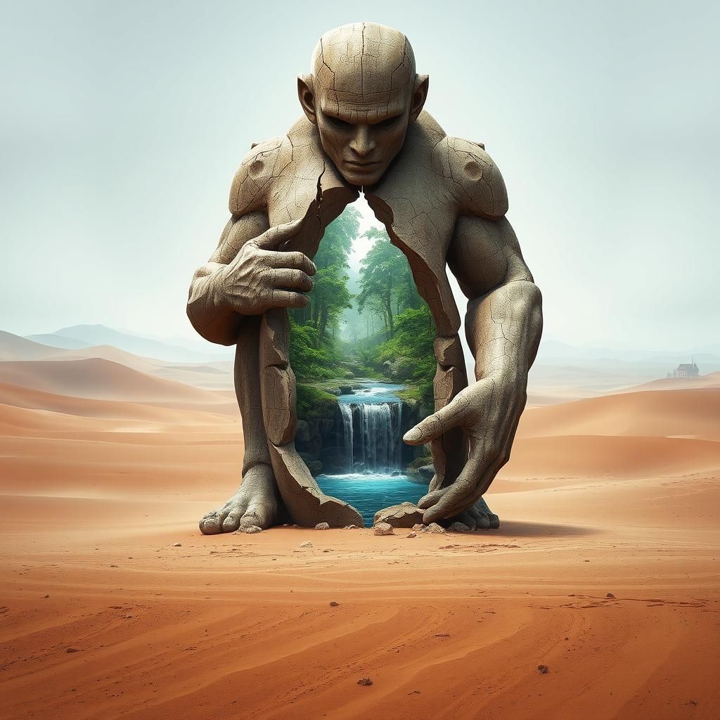 Desert Oasis: Statue Reveals Lush Landscape