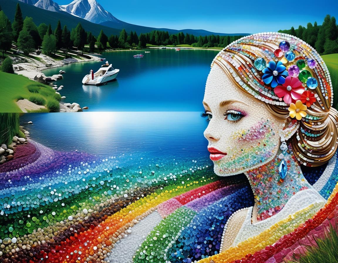Bellissima ragazza bionda in un paesaggio fatto di cristalli Swarovski multicolori. landscape detailed colorful