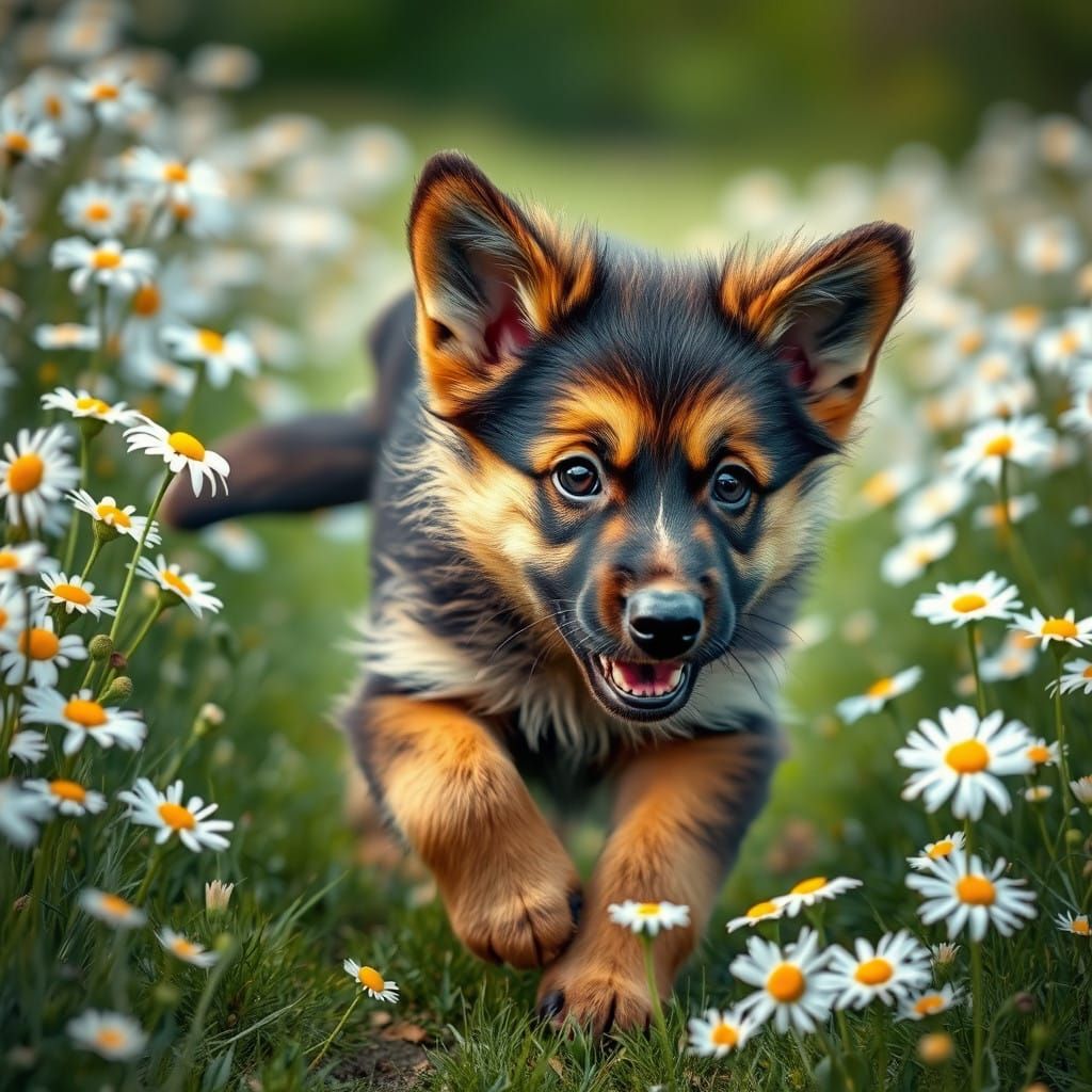 German shepherd puppy in a field of daisy’s running towards the camera 