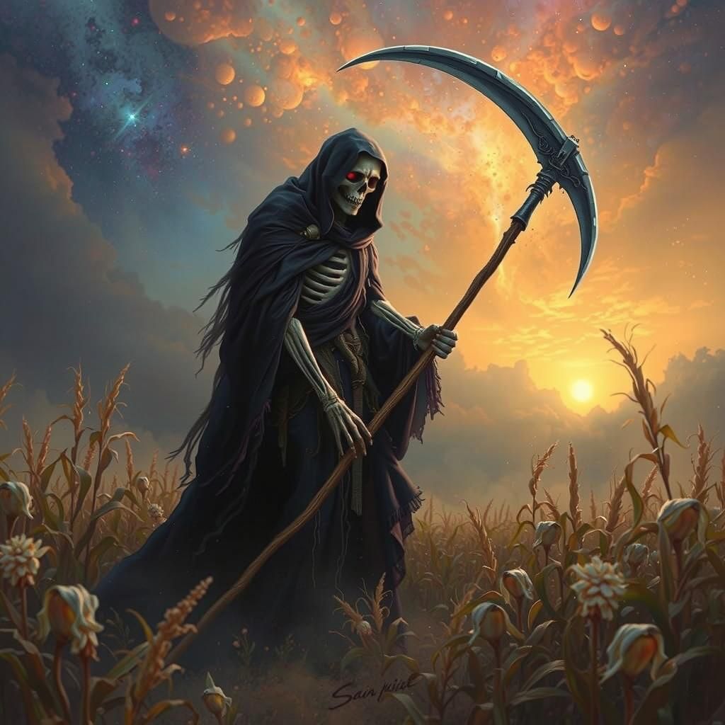 The Grim Reaper in a cornfield by sunset #2  by @axelb