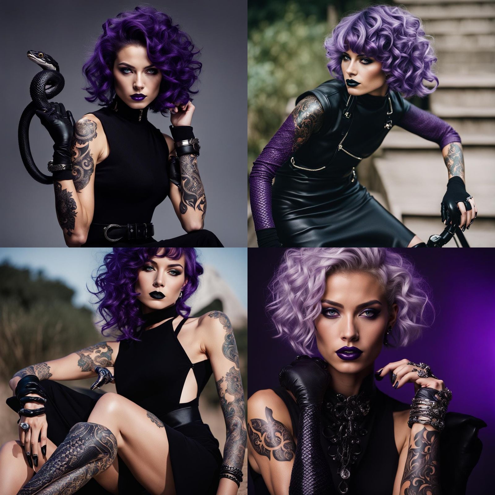 Midnight purple skin
White, curly short hair 
Black eyes
Bla...