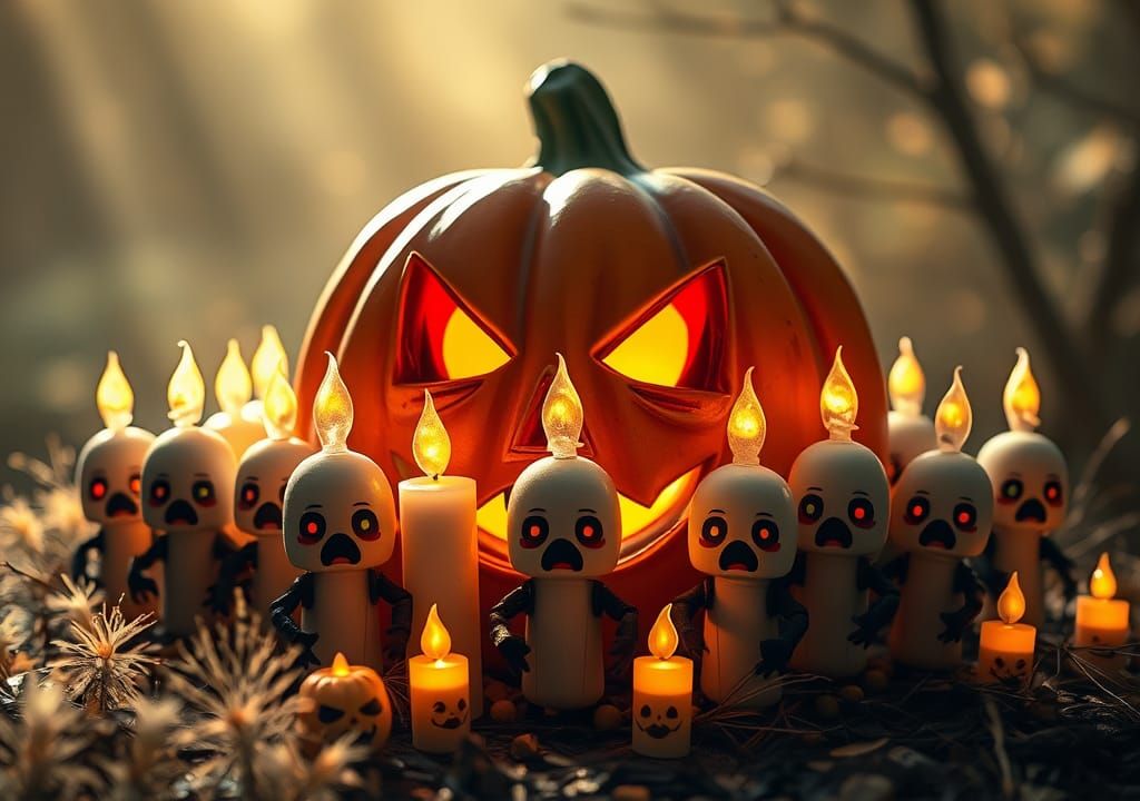 Animatronic Candles Surround Ominous Pumpkin in Digital Art