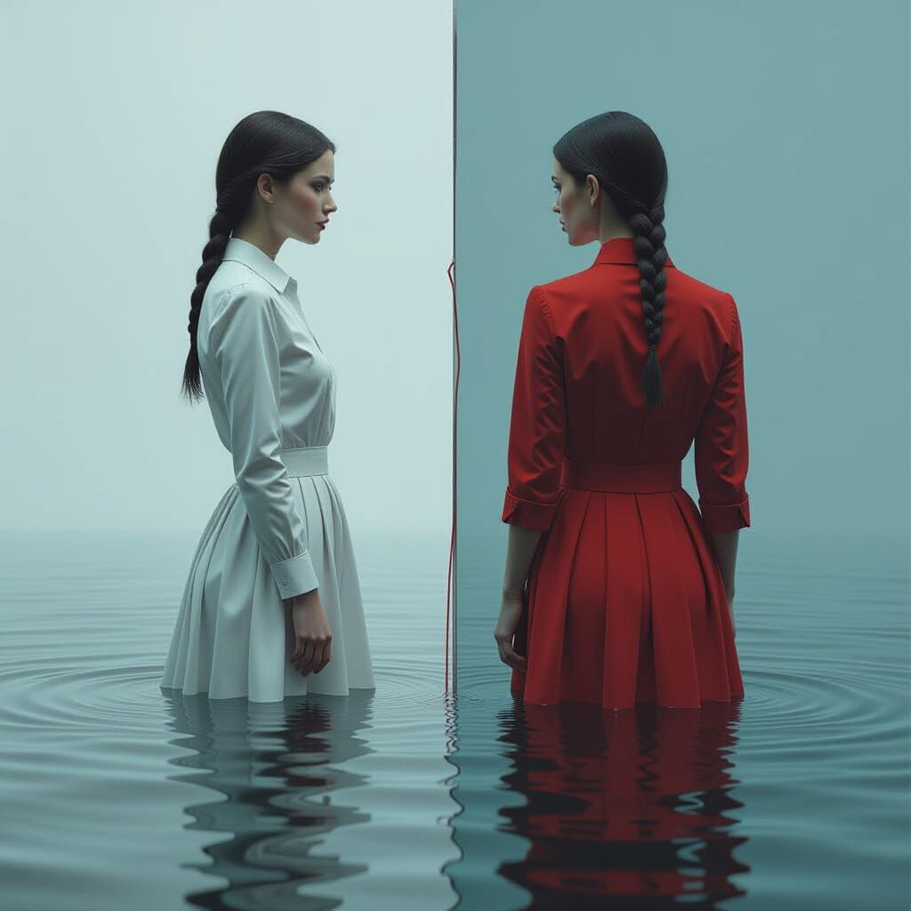 portrait of <Subject> as a one body divided  in two parts monaster atmosphere