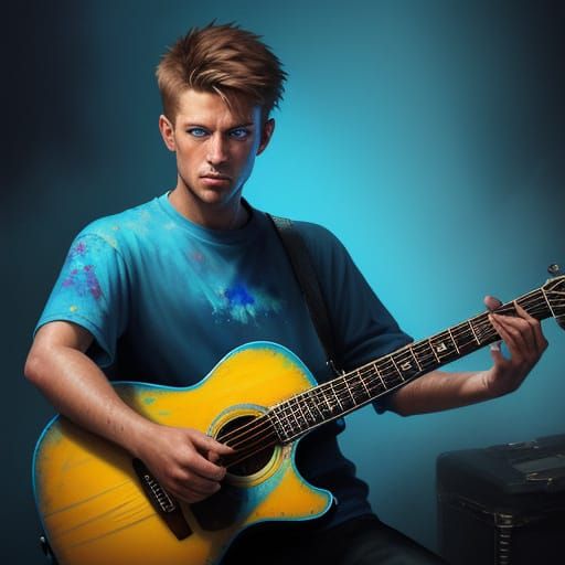     שמנגן בגיטרה אל תוך הלילה את ניגונו האחרון על גיטרה שמלוכלכת בצבעי שמן עזים ילד בעל עיינים תכולות גדולות 