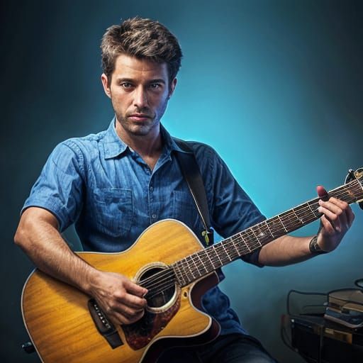 Boy Plays Guitar Under Night Sky in Oil Paint Splatter