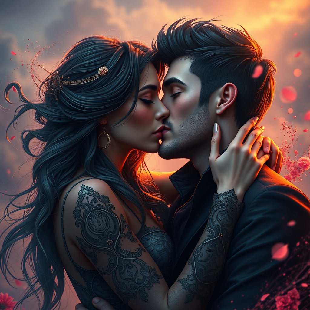 Passionate Kiss: Detailed Fantasy Portrait in Deep Color