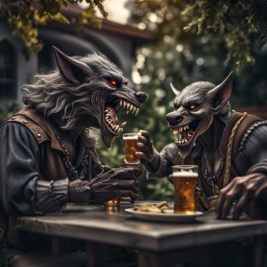 werewolf and vampire drinking beer in the garden, laughing