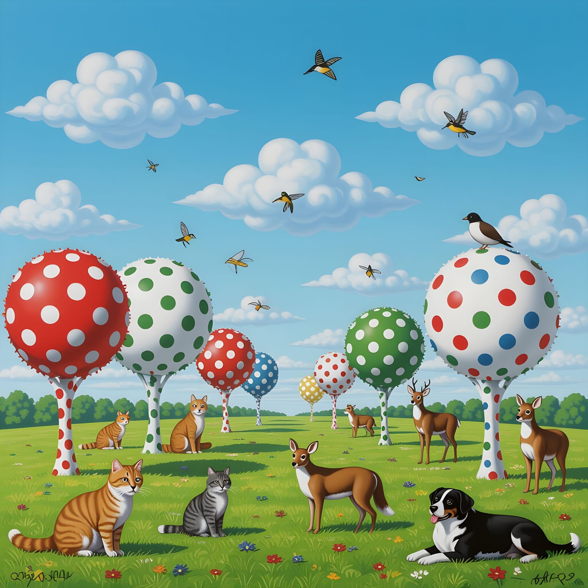 “ POLKA DOTS - surreal scene where everything - trees, clouds, animals - is spotted. ”, 