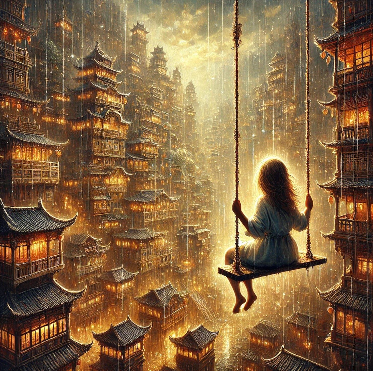 Swing Above the Illuminated City Rooftops
