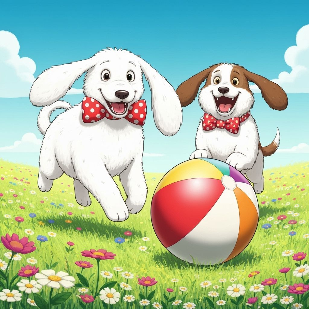 Fluffy Dogs Chase Beach Ball in Whimsical Field