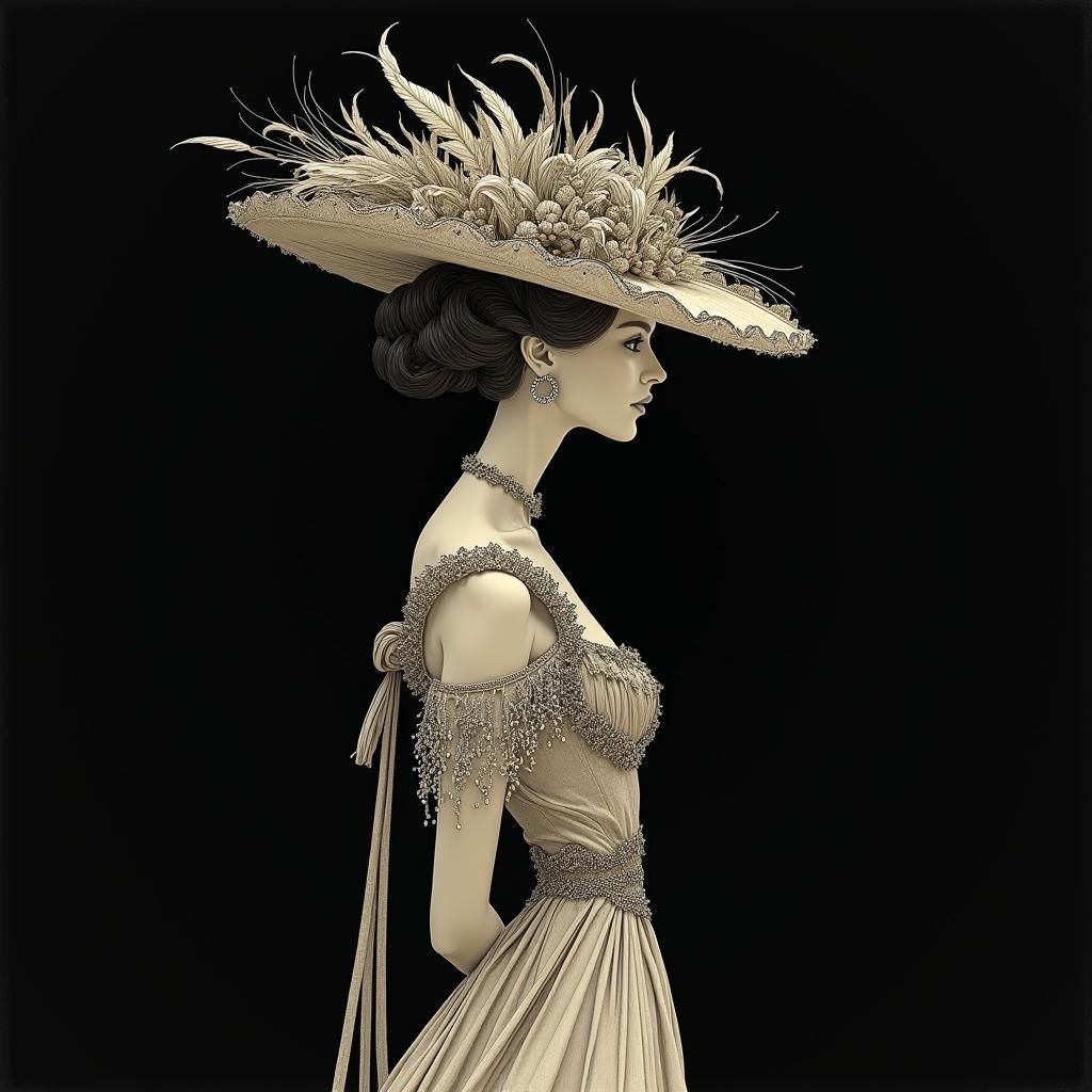 Silhouette of duchess with hat, no background, no detail on figure