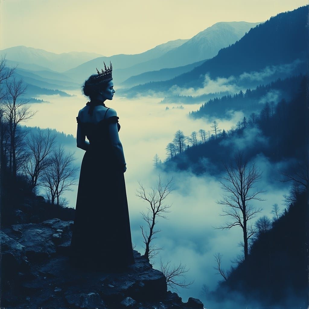 A majestic queen, her crown adorned with thorny roses, surveys a desolate, fog-shrouded kingdom from a crumbling gothic tower. The landscape...
