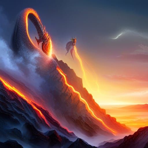 Dragons riding rubber rings on lava down an erupting volcano