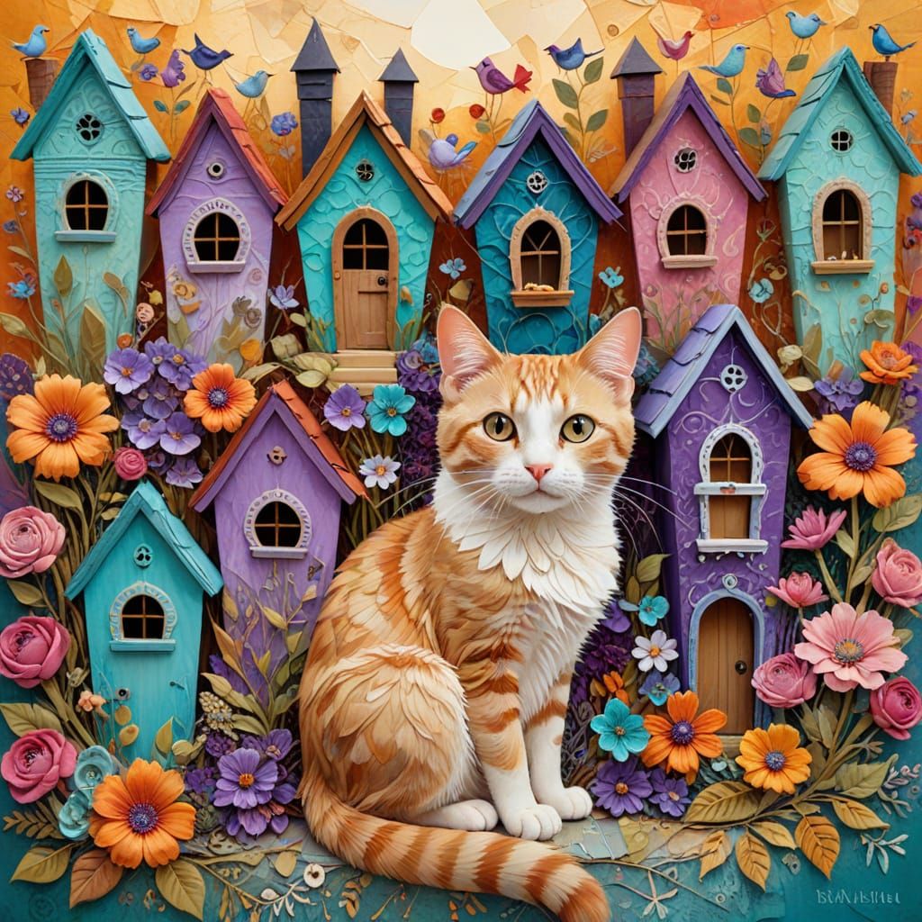 Whimsical Folk-Art Illustration in Vibrant Mixed-Media Style