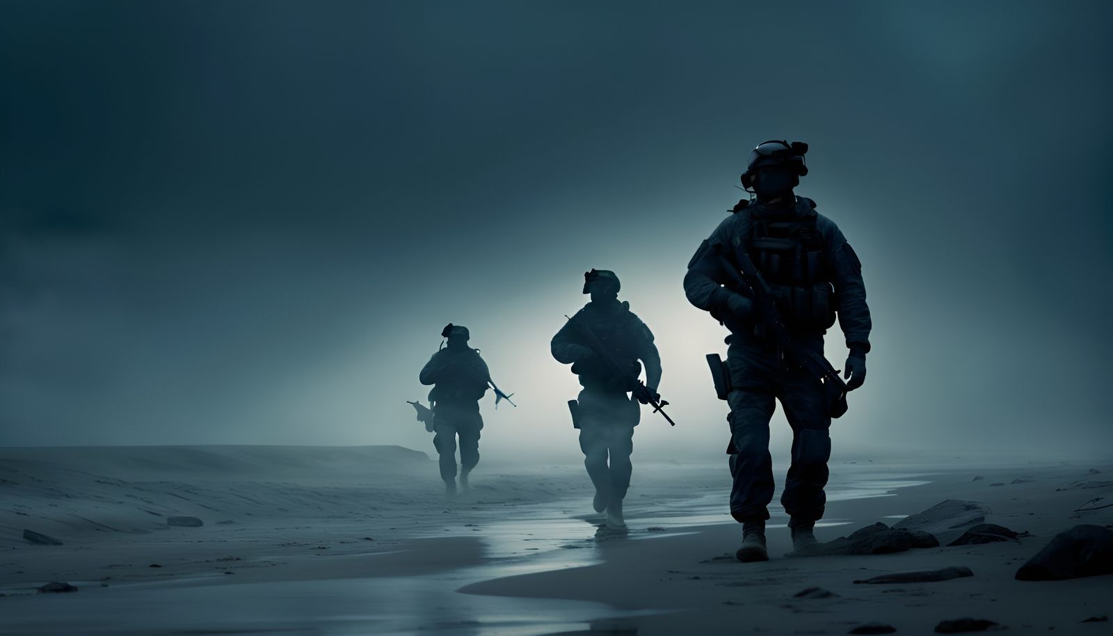 Navy seals beach in the dark mist , Roger Deakins photography style ...