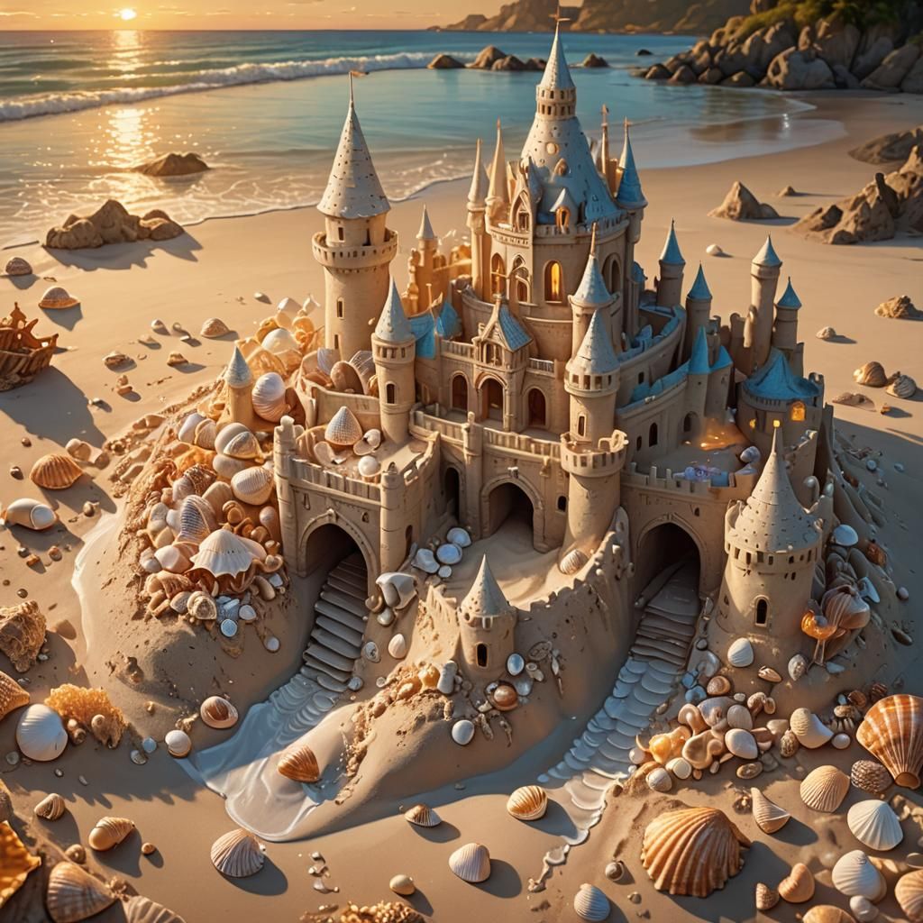A sand castle with a draw bridge made of seashells   by @Night Wolf 1325