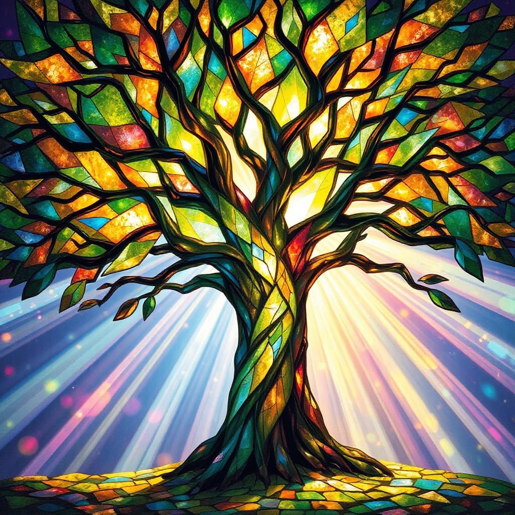 Tree of iridescent radiant light, spectacular colors, stained glass   by @SirEdmund