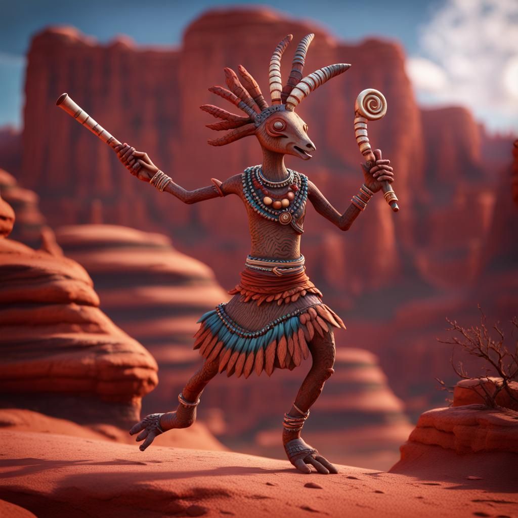 Kokopelli dressed in tribal clothing dancing with a flute  n...