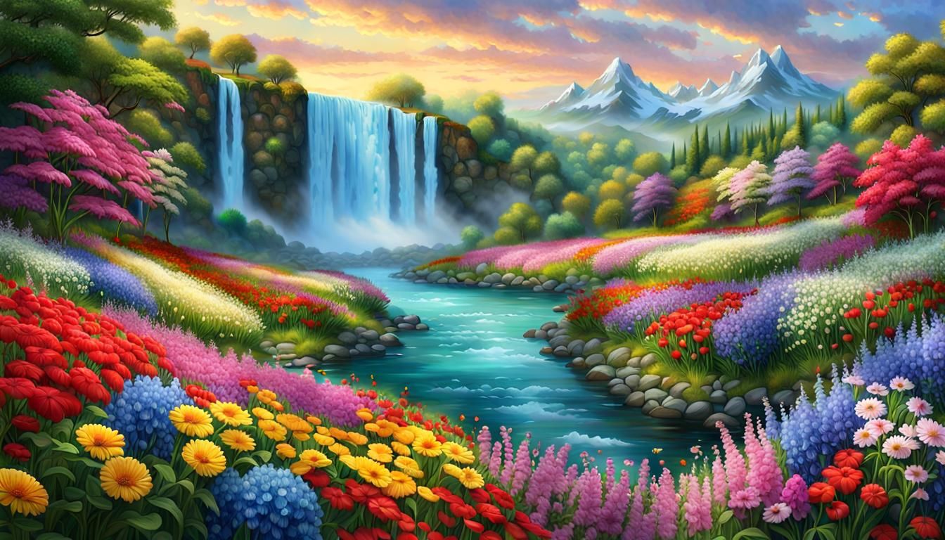 Field of flowers and waterfall - AI Generated Artwork - NightCafe Creator