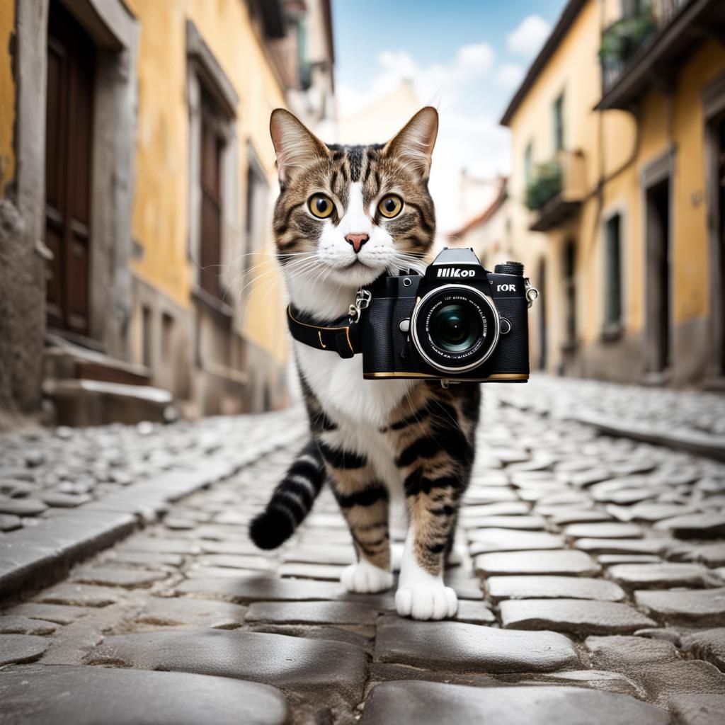 realistic cat, on two legs, with Nikon photocamera - realist...