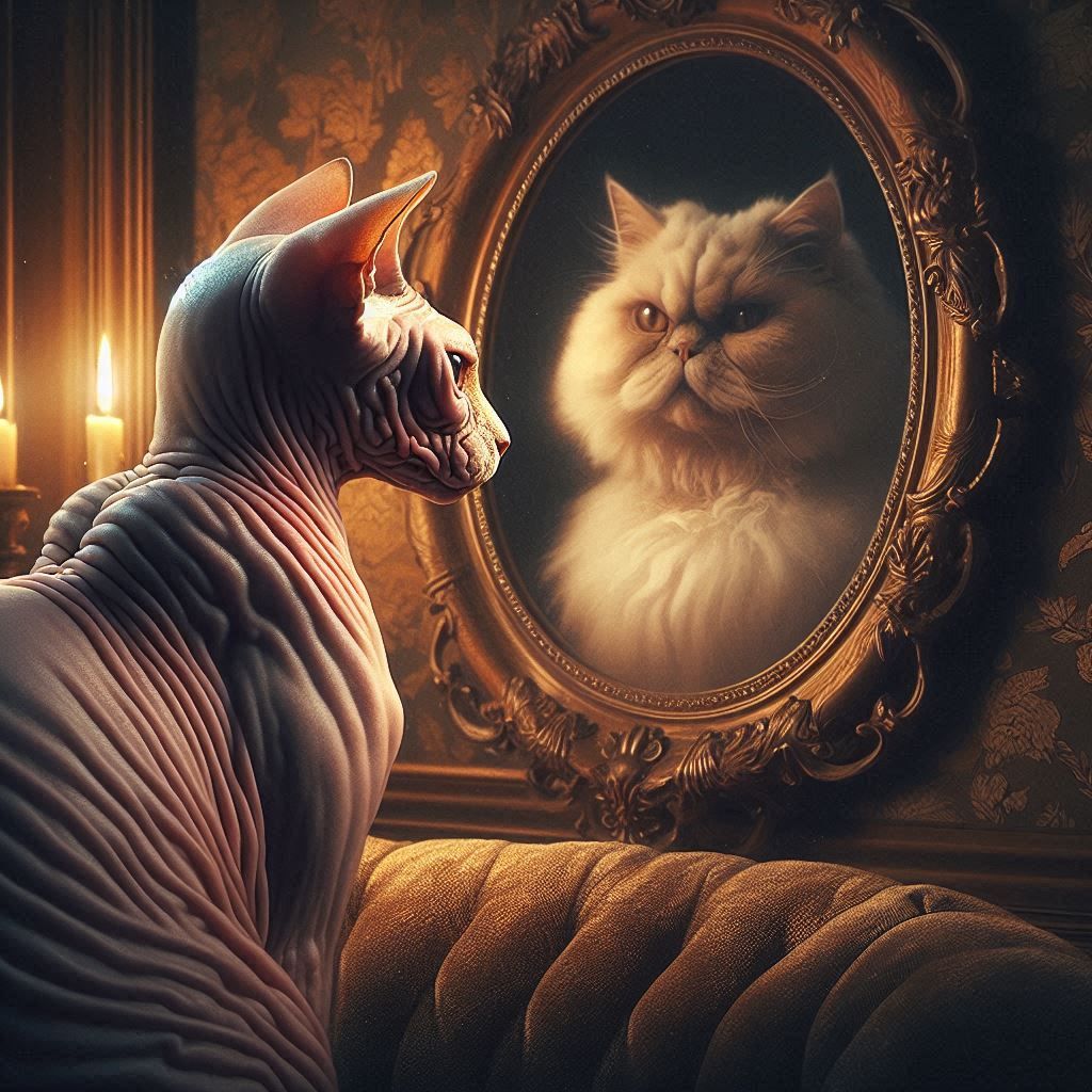 a regal Sphynx cat sitting on a velvet cushion