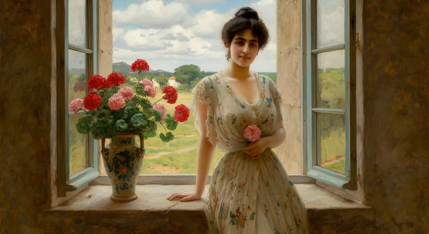 Aube en robe de printemps pose devant les géraniums sur le bord de  la fenêtre, en 1895 à la façon de  Diego A. Loayza