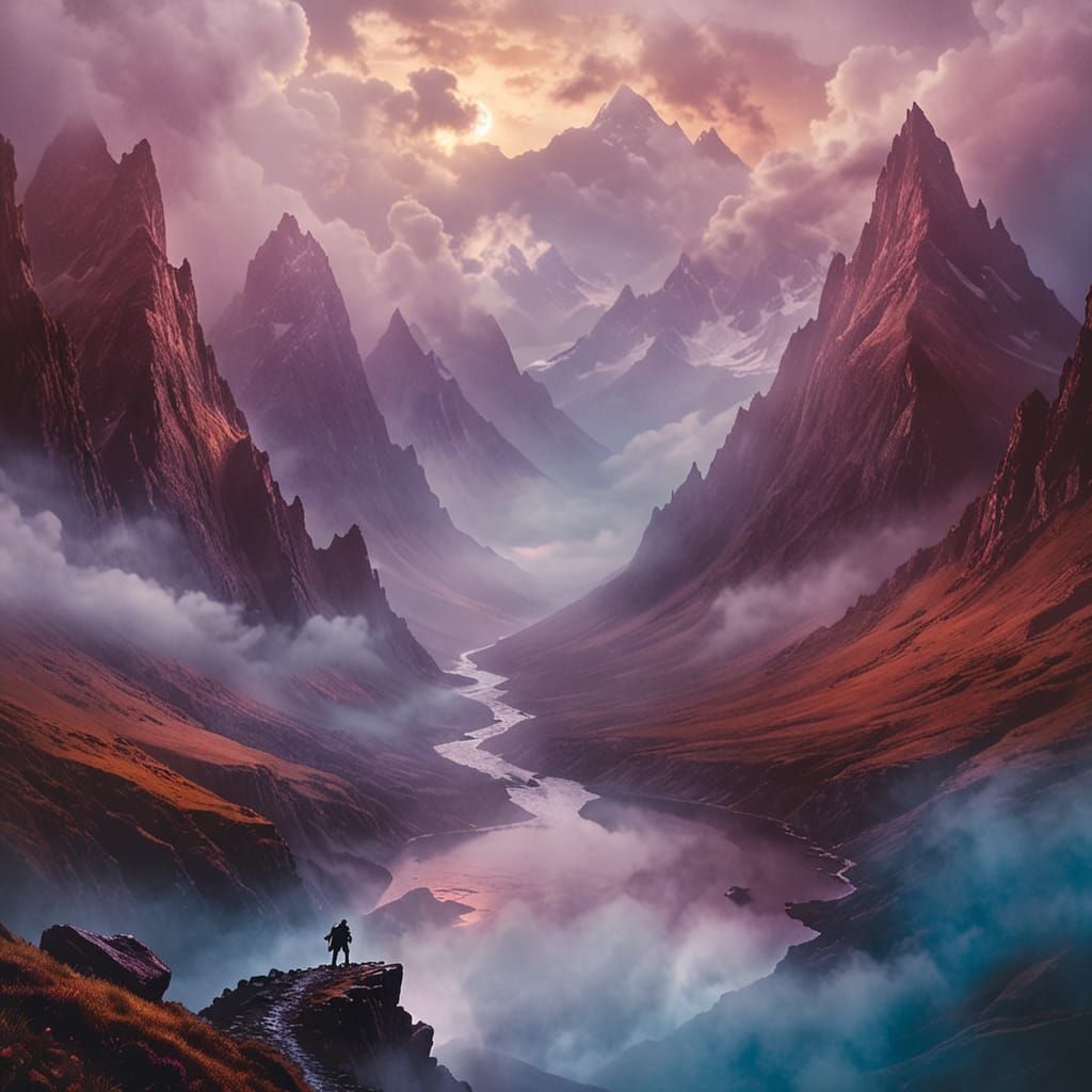 An explorer in a stormy mountain pass