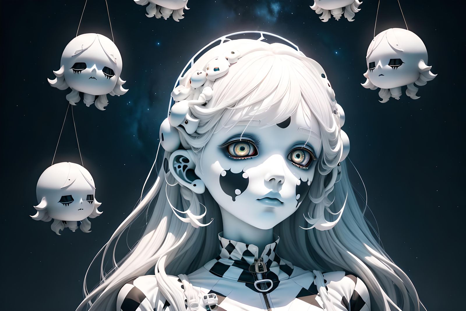 A dreamlike, cute humanoid figure with an ephemeral, cloud-like head adorns a checkerboard-patterned jumpsuit, evoking a...