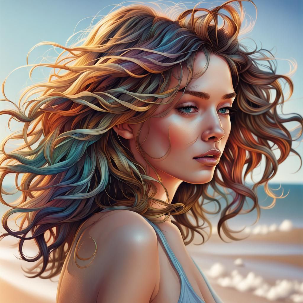 Line art style, hair illustration, wavy beach hair,
