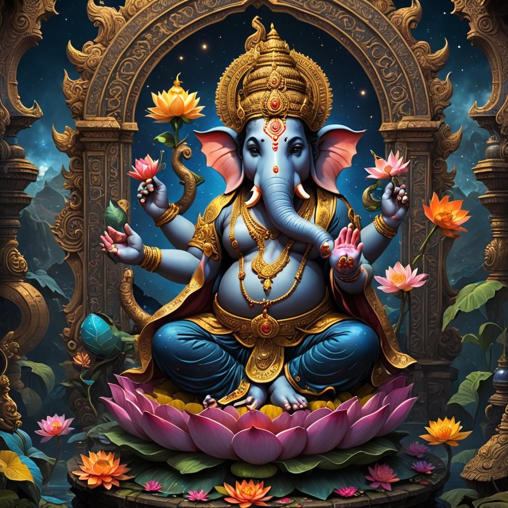 Lord Ganesha has 4 arms, Dakduseth, the Mahasetthi attains Dhamma, sits on a lotus, behind is the universe. There is a blue Naga on the back...