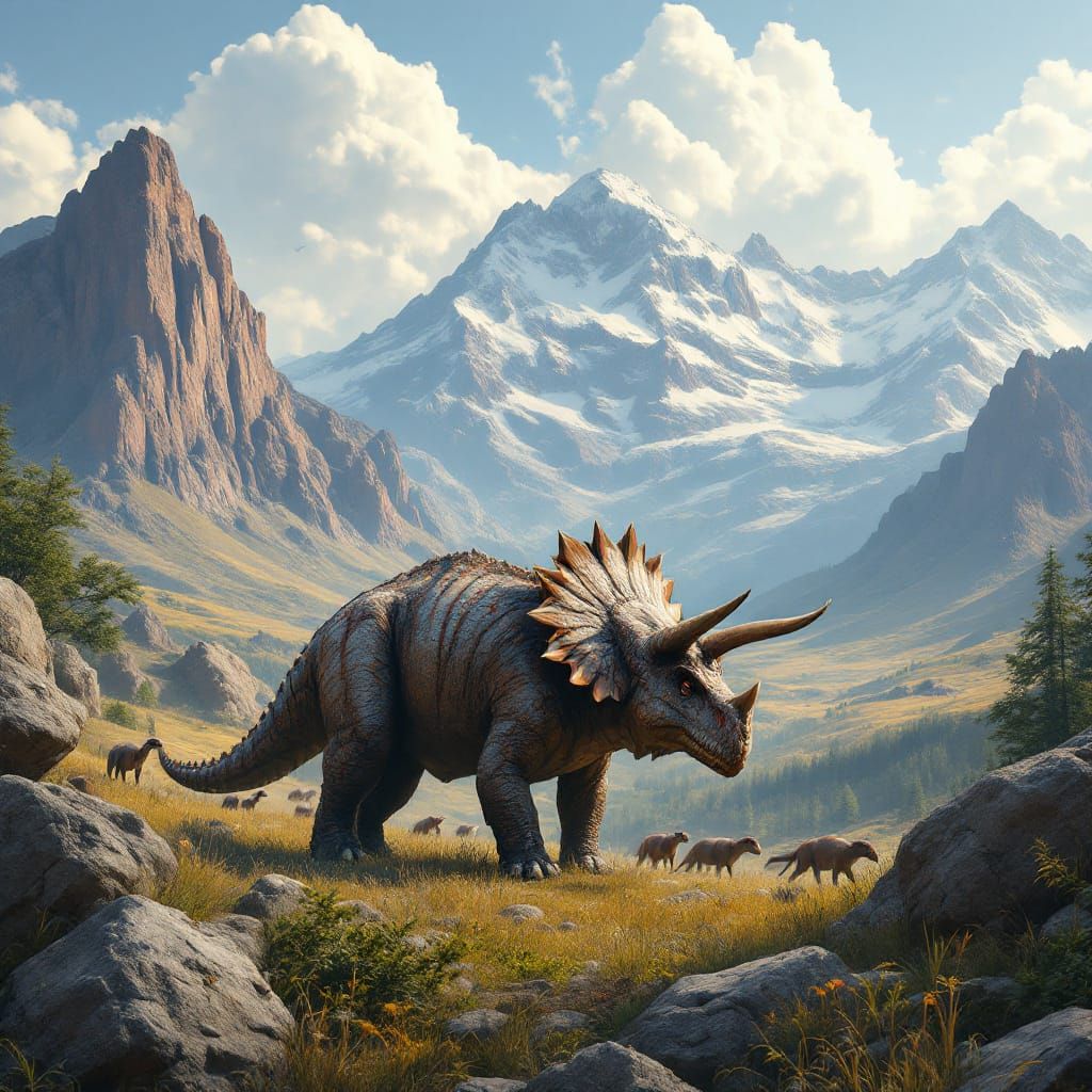 A beautiful Mountains with a beautiful grasslands with many Triceratops grazing there, deadly eyes are watching on them, behind the boulders...