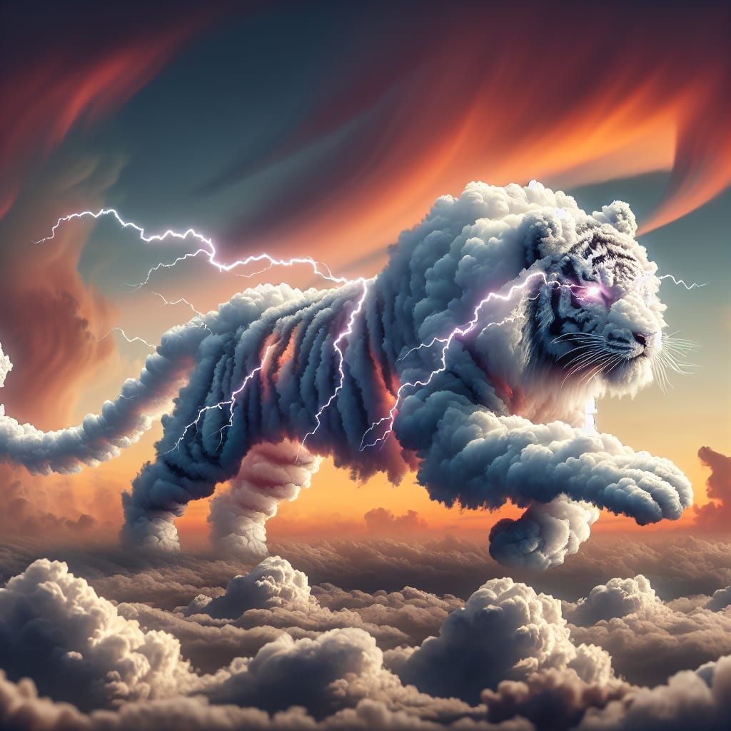 cloudy blue thunder tiger at magical sunset, long tail