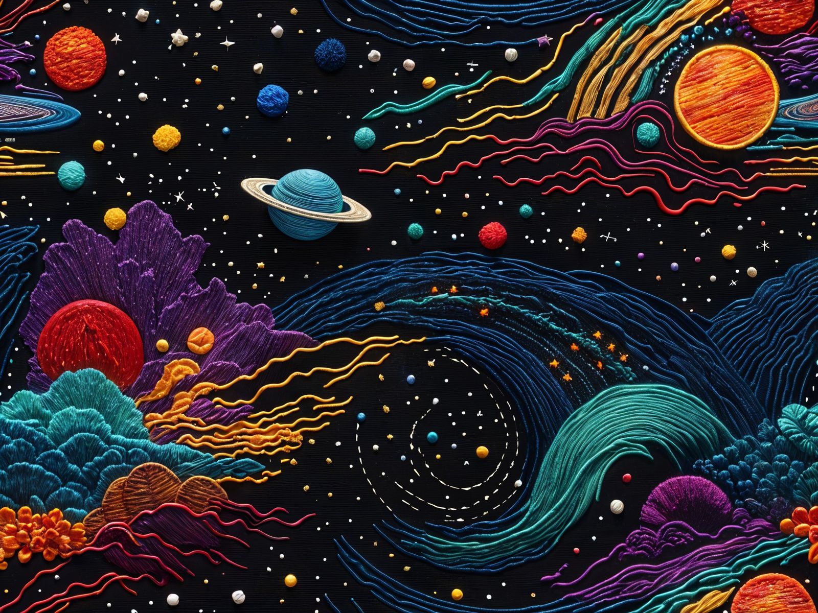 Embroidered space landscape: the edge of the universe.
