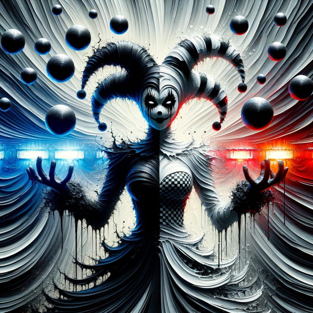 Hyperrealistic Female Jester in a Turbulent Atmosphere