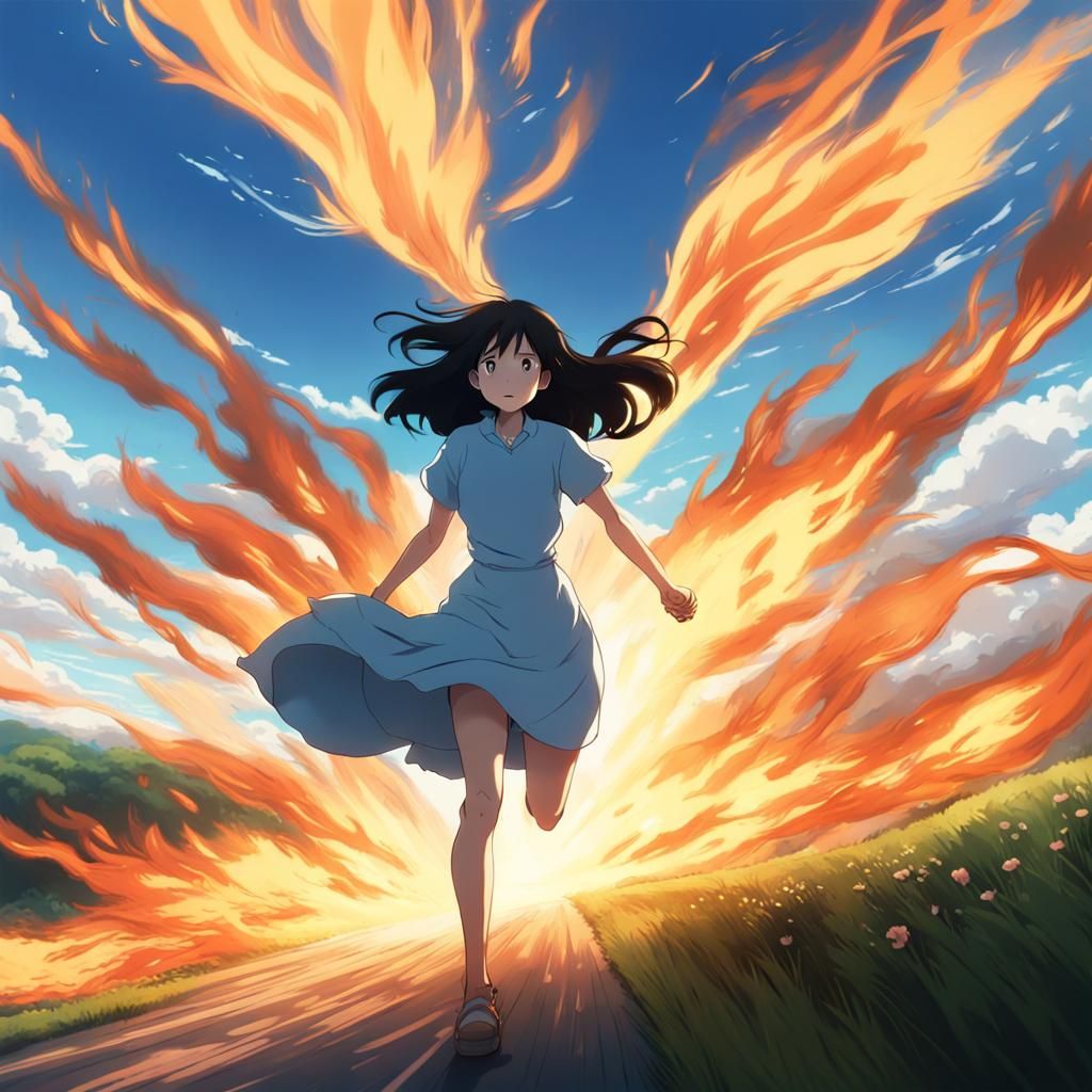 nonbinary girl, blue eyes, sky blue dress, long black hair, dark black fire, burning her dress, girl running