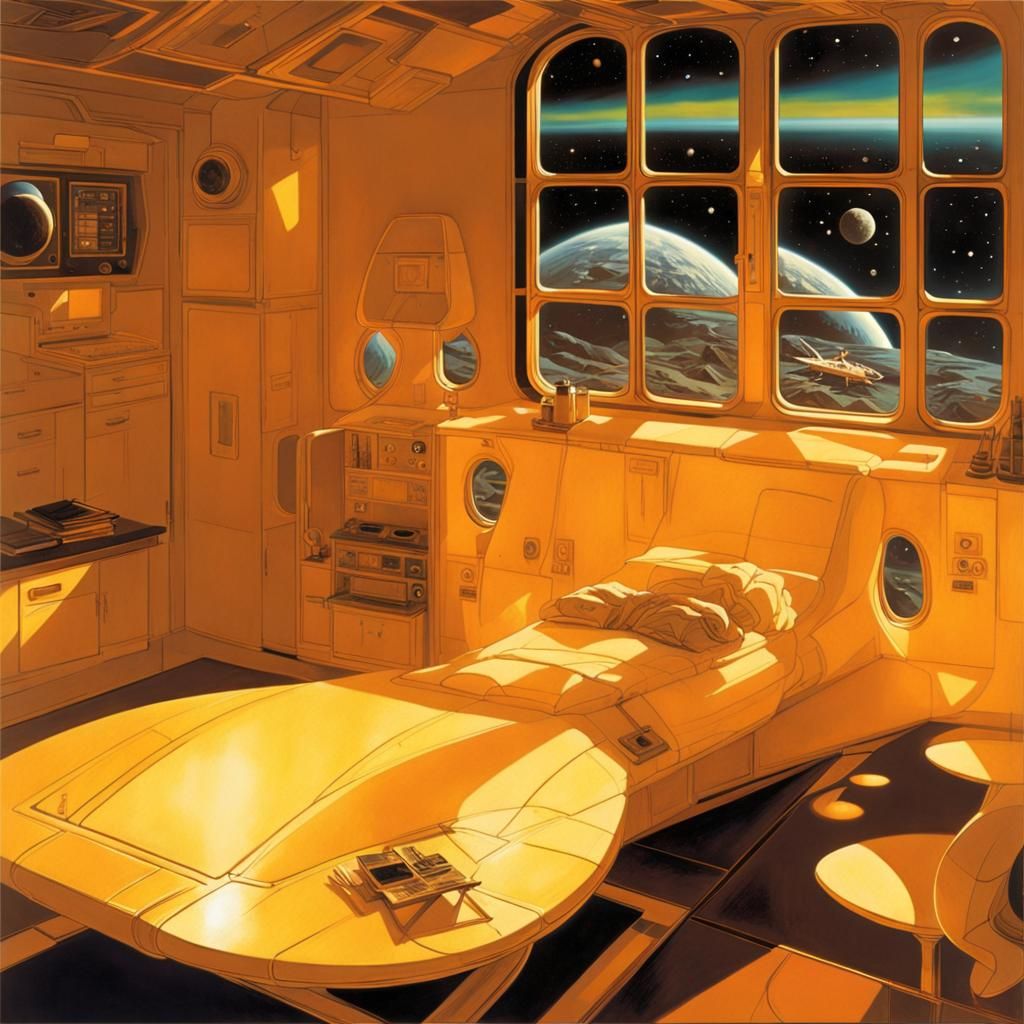 16k resolution, art by Syd Mead, Chris Foss. Zerogravity living