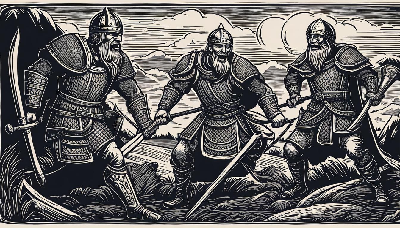 (((Woodcut))) Laughing Vikings having fun playing catch with...